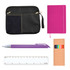 A black zipper pouch, a pink notebook, a purple pen, a ruler, and a box of colored pencils.