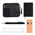 A black notebook, a black pen, a clear ruler, a multi-color marker set, and a black zippered pouch.