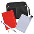A black zippered bag containing a red notebook, a clear drink bottle, and a white pen with a purple accent.
