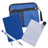 A blue zippered pouch, a clear drink bottle, a blue notebook, and a silver pen.