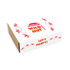 A rectangular cardboard box with a floral design, featuring bright red text and graphics, predominantly in white and brown.