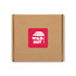 A brown cardboard box with a red label featuring a logo for "Wild Hut Resto Bar."