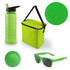 A drink bottle, a cooler bag, a frisbee, a ball, and sunglasses, all in vibrant green.