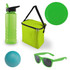 A green cooler bag, a translucent green drink bottle, green sunglasses, a blue ball, and a green plate.