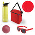 A red cooler bag, yellow drink bottle, red plate, red ball, and red sunglasses arranged together.