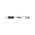 A white pen featuring black, red, and grey accents, with a logo on the barrel.
