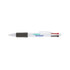 A white pen with a black grip and red and blue accents, featuring a branding logo.