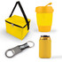 A yellow cooler bag, a yellow drink cup, a can cooler, and a bottle opener with a keyring.