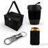A black cooler bag is featured alongside a black reusable coffee cup, a bottle opener keychain, and a can cooler sleeve.