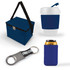 A cooler bag in blue, a reusable drink cup with a lid, a can cooler in blue, and a metal bottle opener.