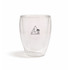 A double-walled glass cup with a transparent design and a logo featuring a mountain and palm tree.