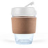 A reusable Vienna Coffee Cup featuring a transparent design with a cork band for grip and a white lid.