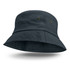 A dark grey bucket hat with a wide brim and two ventilation eyelets on the sides.