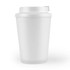 A reusable coffee cup with a comfort lid, featuring a frosted white exterior.