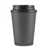 A coffee mug in matte gray with a black handle lid and an integrated logo.
