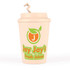 A reusable coffee cup in a creamy color with a twist lid and a logo, featuring green and orange accents.