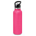 A drink bottle in a vibrant pink powder-coated finish, featuring a black screw-top lid and a handle for easy carrying.