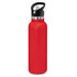 A drink bottle in bright red with a black lid and a stainless steel band. Features a logo on the bottle.