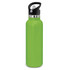 A drink bottle in a vibrant green hue with a powder-coated finish and a black lid featuring a convenient handle.
