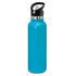 A drink bottle in a vibrant turquoise colour with a black lid and a logo.