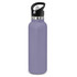 A drink bottle in a lavender colour with a black lid and a silver band, featuring a logo.