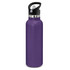 A drink bottle with a powder-coated finish in vibrant purple and a black lid, featuring a logo.