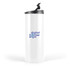 A travel mug in white with a black lid, featuring a logo on the front.