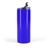 A travel mug in a vibrant blue color with a secure flip-top lid.