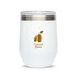 A reusable coffee cup featuring a sleek white design with a stainless steel lid and a logo that reads "Cocoa Bliss."