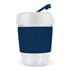 A drink cup featuring a clear design with a navy silicone band and a white lid. It has a plastic branding logo.