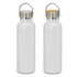 A drink bottle featuring a sleek white powder-coated finish, stainless steel cap, and a bamboo top.