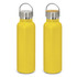 A drink bottle in bright yellow with a stainless steel lid and a wooden top, featuring a branding logo.