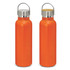 A drink bottle featuring a vibrant orange powder-coated exterior and a stainless steel lid with a wooden cap.