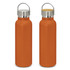 A drink bottle in a vibrant orange finish with a stainless steel lid and a bamboo top. It features a logo.