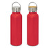 A drink bottle in a vibrant red colour with a stainless steel lid and a wooden cork top. Features a logo.