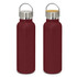 A drink bottle in a deep red powder-coated finish, featuring a stainless steel cap and wooden accent. It has a logo.