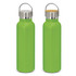 A drink bottle in vibrant green with a stainless steel lid and a bamboo top, featuring a logo.