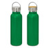 A drink bottle in vibrant green with a stainless steel lid and wooden accent, featuring a logo.