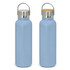 A drink bottle in powder-coated light blue with a stainless steel lid and bamboo top, featuring a handle and logo.