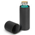 A drink bottle in a turquoise finish, housed in a matte black cylindrical container with a wooden lid and handle.