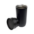 A stainless steel coffee cup with a black exterior, accompanied by a matching lid.