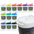 A reusable coffee cup featuring a flip lid, available in various colors with a textured RPET band and a logo.