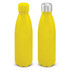 A drink bottle with a bright yellow powder-coated exterior and a shiny silver lid, featuring a logo.