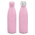 A drink bottle with a smooth pink powder-coated finish and a silver metal cap. It features a logo.