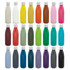 A drink bottle collection featuring various colours like white, yellow, pink, green, and blue, with metallic caps.