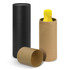 A drink bottle with a yellow lid, presented inside a brown and a black cylindrical box. The product has a logo.
