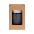 A reusable black coffee cup with a snap lid and RPET band, displayed in a cardboard box.