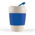 A reusable coffee cup with a light beige body, blue silicone band, and a blue lid. It features a logo.