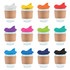 A collection of reusable coffee cups with cork bands and snap lids in various colors including white, orange, purple, and green.