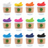 A collection of reusable coffee cups with cork bands and various colorful snap lids, featuring a logo on each cup.